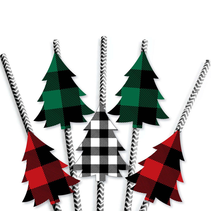 Holiday Plaid Trees - Paper Straw Decor - Buffalo Plaid Christmas Party Striped Decorative Straws - Set of 24