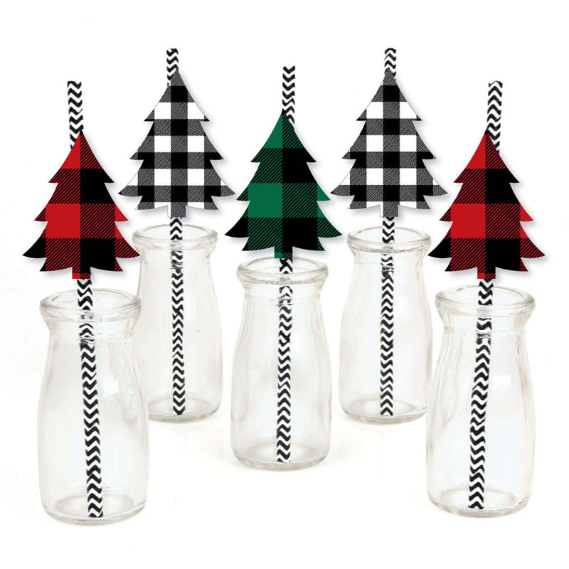 Holiday Plaid Trees - Paper Straw Decor - Buffalo Plaid Christmas Party Striped Decorative Straws - Set of 24