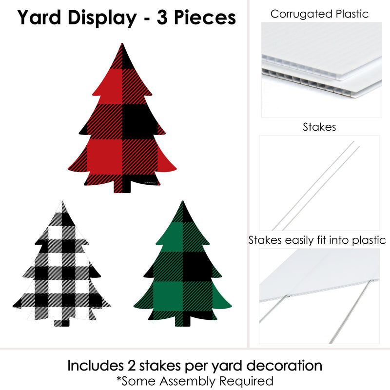 Holiday Plaid Trees - Outdoor Lawn Sign Decorations with Stakes - Buffalo Plaid Christmas Party Yard Display - 3 Piece