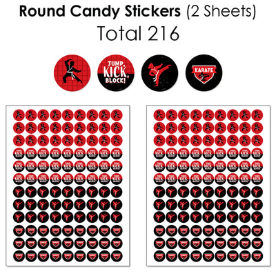 Karate Master - Mini Candy Bar Wrappers, Round Candy Stickers and Circle Stickers - Martial Arts Birthday Party Candy Favor Sticker Kit - 304 Pieces