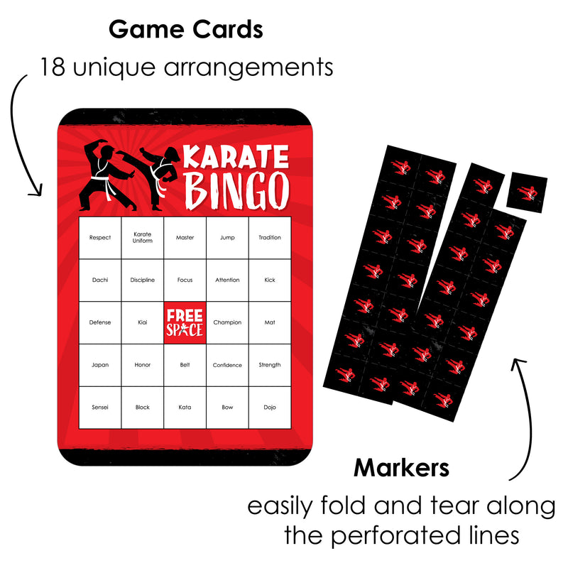 Karate Master - Bingo Cards and Markers - Martial Arts Birthday Party Shaped Bingo Game - Set of 18