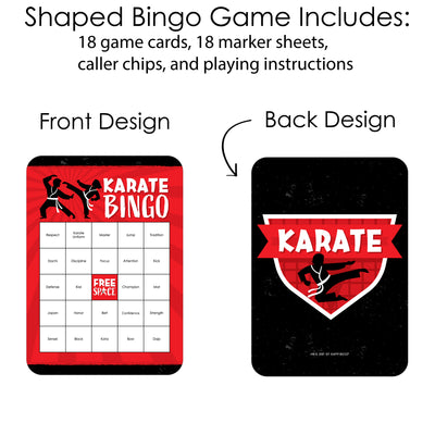 Karate Master - Bingo Cards and Markers - Martial Arts Birthday Party Shaped Bingo Game - Set of 18