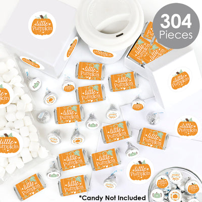 Little Pumpkin - Mini Candy Bar Wrappers, Round Candy Stickers and Circle Stickers - Fall Birthday Party or Baby Shower Candy Favor Sticker Kit - 304 Pieces