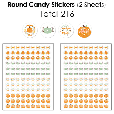 Little Pumpkin - Mini Candy Bar Wrappers, Round Candy Stickers and Circle Stickers - Fall Birthday Party or Baby Shower Candy Favor Sticker Kit - 304 Pieces