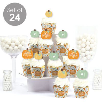 Little Pumpkin - Cupcake Decoration - Fall Birthday Party or Baby Shower Cupcake Wrappers and Treat Picks Kit - Set of 24