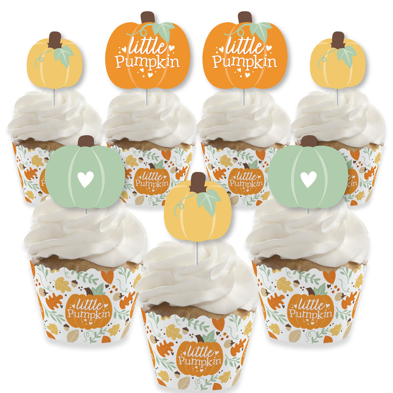 Little Pumpkin - Cupcake Decoration - Fall Birthday Party or Baby Shower Cupcake Wrappers and Treat Picks Kit - Set of 24