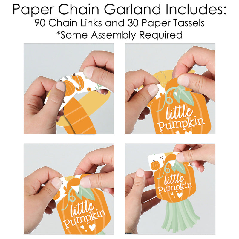 Little Pumpkin - 90 Chain Links and 30 Paper Tassels Decoration Kit - Fall Birthday Party or Baby Shower Paper Chains Garland - 21 feet