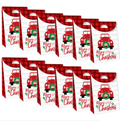 Merry Little Christmas Tree - Red Truck Christmas Gift Favor Bags - Party Goodie Boxes - Set of 12