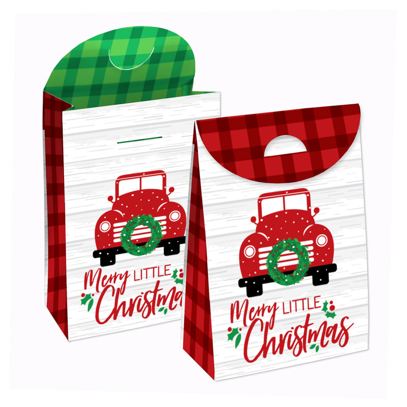 Merry Little Christmas Tree - Red Truck Christmas Gift Favor Bags - Party Goodie Boxes - Set of 12