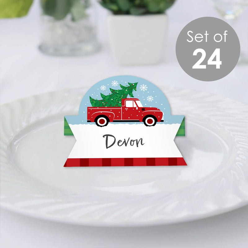 Merry Little Christmas Tree - Red Truck Christmas Party Tent Buffet Card - Table Setting Name Place Cards - Set of 24