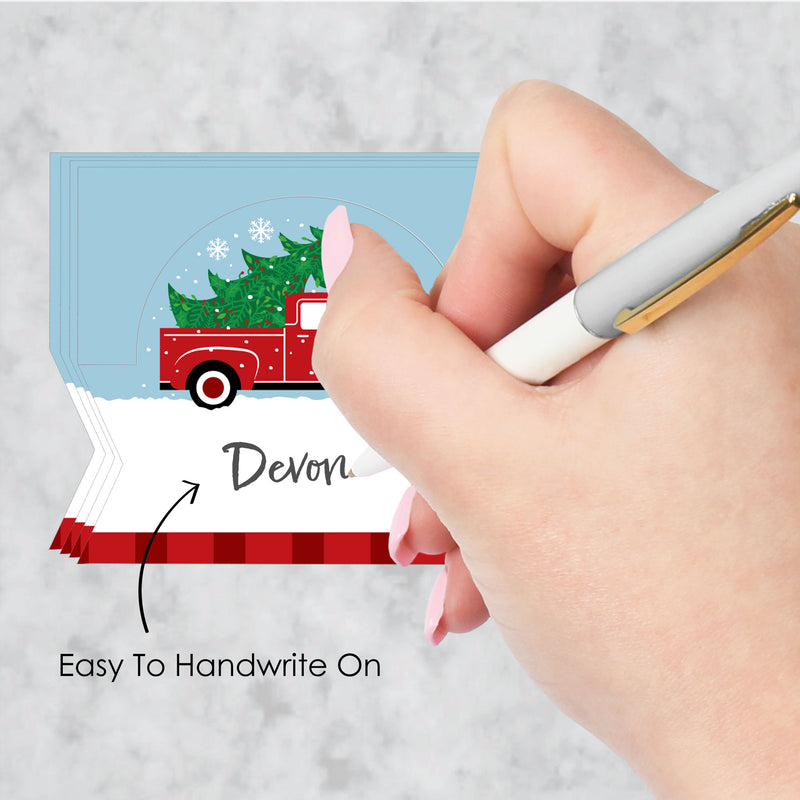 Merry Little Christmas Tree - Red Truck Christmas Party Tent Buffet Card - Table Setting Name Place Cards - Set of 24