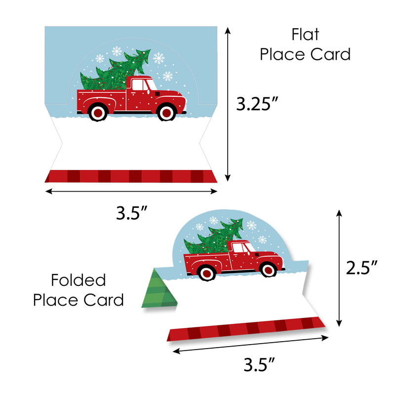 Merry Little Christmas Tree - Red Truck Christmas Party Tent Buffet Card - Table Setting Name Place Cards - Set of 24