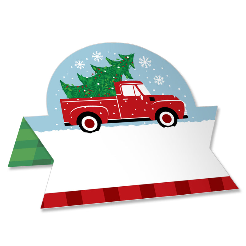 Merry Little Christmas Tree - Red Truck Christmas Party Tent Buffet Card - Table Setting Name Place Cards - Set of 24