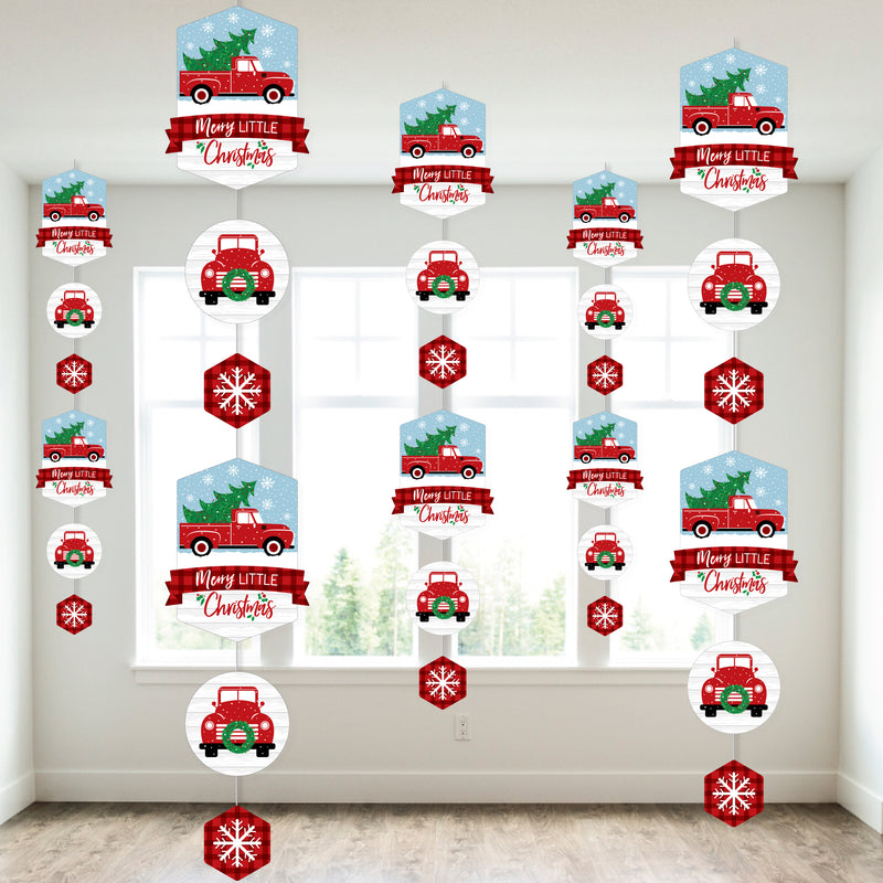 Merry Little Christmas Tree - Red Truck Christmas Party DIY Dangler Backdrop - Hanging Vertical Decorations - 30 Pieces