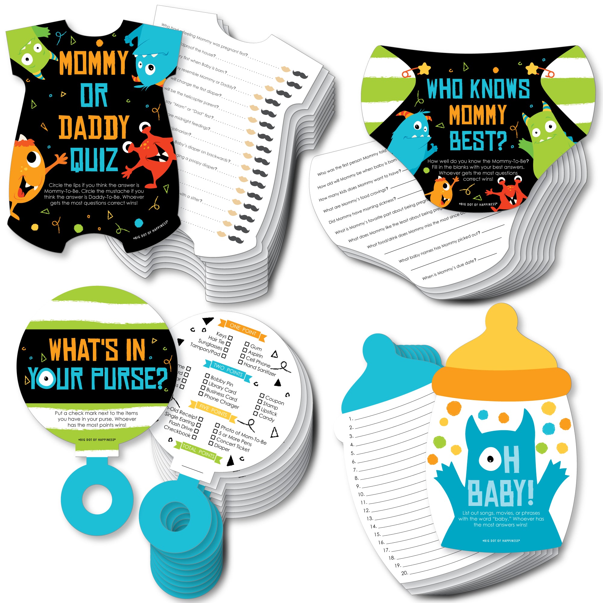 Monster Bash - 4 Little Monster Baby Shower Games - 10 Cards Each ...