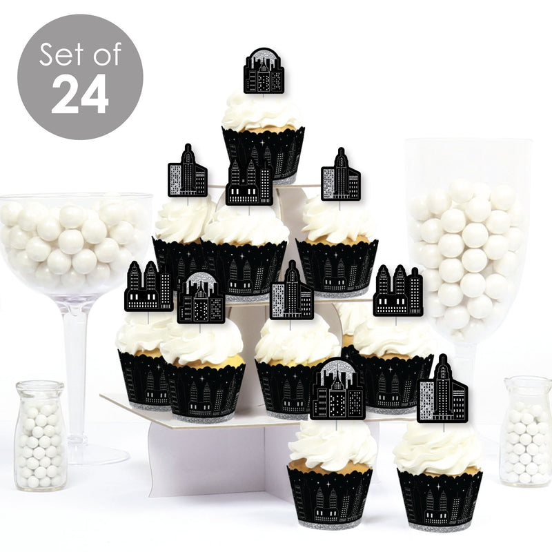 Nighttime City Skyline - Cupcake Decoration - New York Party Cupcake Wrappers and Treat Picks Kit - Set of 24