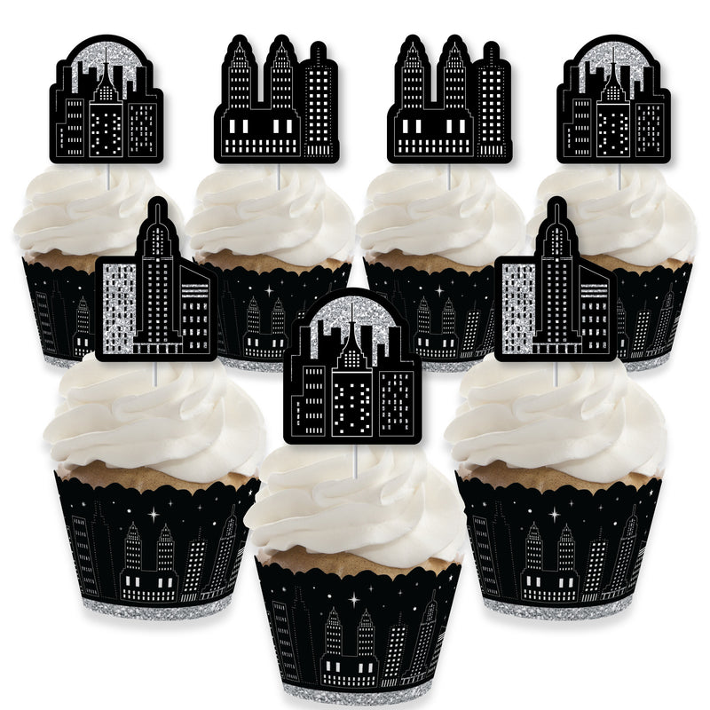 Nighttime City Skyline - Cupcake Decoration - New York Party Cupcake Wrappers and Treat Picks Kit - Set of 24