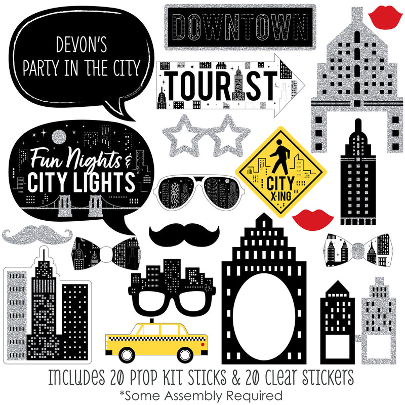 Nighttime City Skyline - Personalized New York Party Photo Booth Props Kit - 20 Count