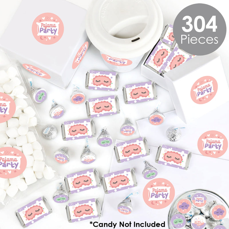 Pajama Slumber Party - Mini Candy Bar Wrappers, Round Candy Stickers and Circle Stickers - Girls Sleepover Birthday Party Candy Favor Sticker Kit - 304 Pieces