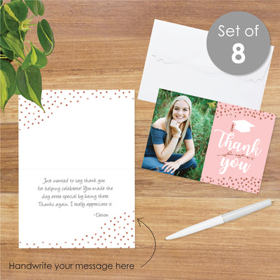 Rose Gold Grad - Custom Graduation Party Photo Thank You Cards with Envelopes - Set of 8