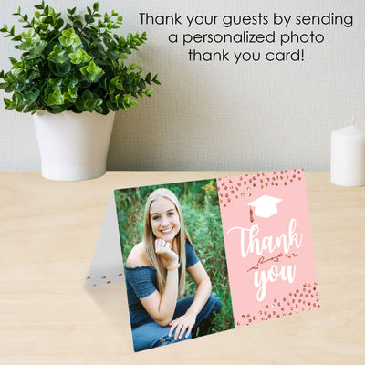 Rose Gold Grad - Custom Graduation Party Photo Thank You Cards with Envelopes - Set of 8