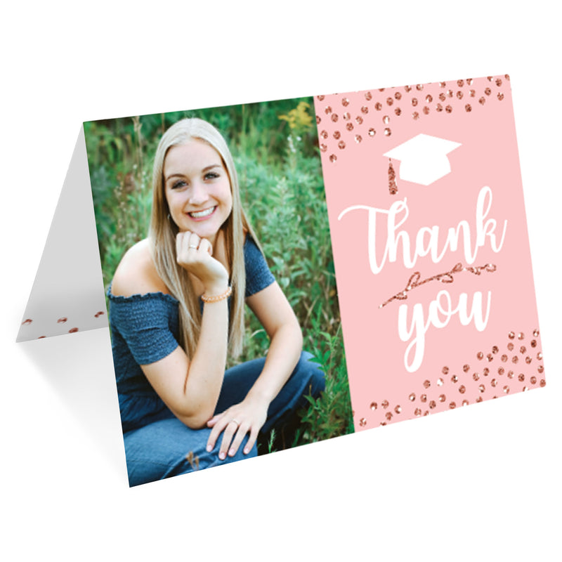 Rose Gold Grad - Custom Graduation Party Photo Thank You Cards with Envelopes - Set of 8