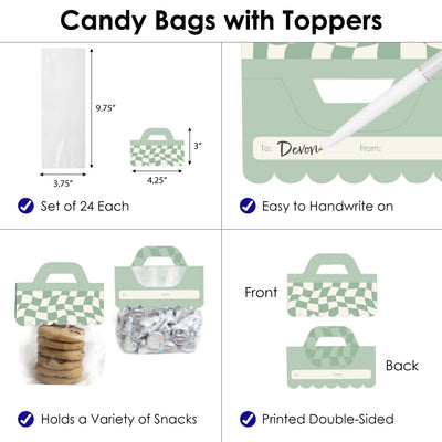 Sage Green Checkered Party - DIY Clear Goodie Favor Bag Labels - Candy Bags with Toppers - Set of 24