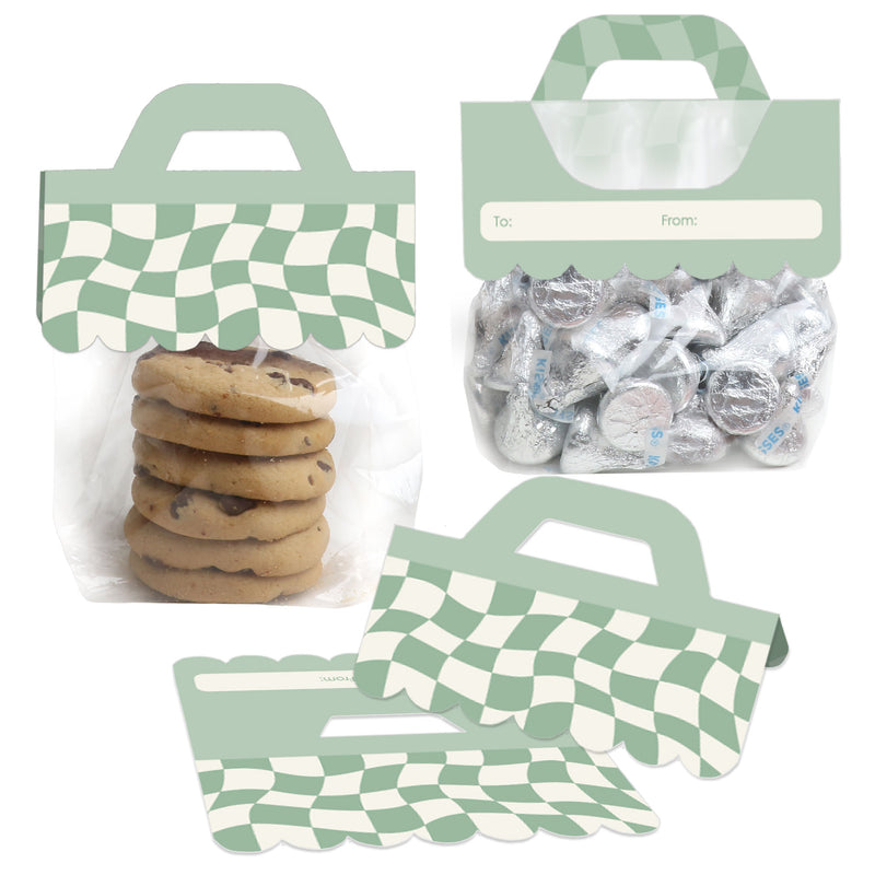 Sage Green Checkered Party - DIY Clear Goodie Favor Bag Labels - Candy Bags with Toppers - Set of 24