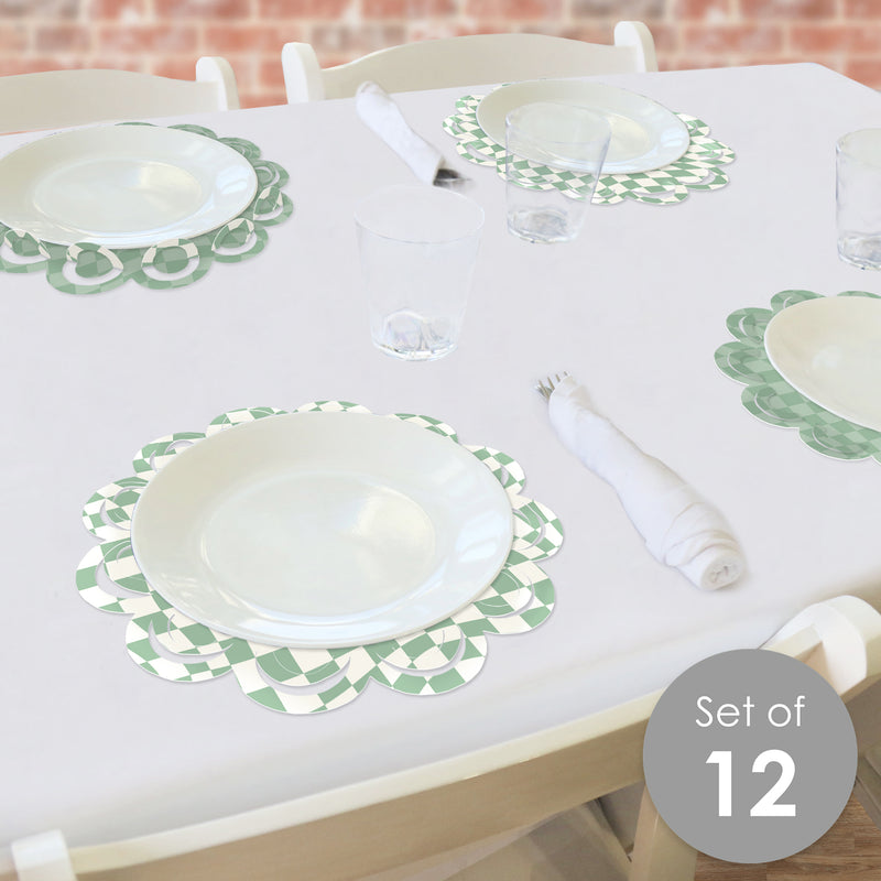 Sage Green Checkered Party - Round Table Decorations - Paper Chargers - Place Setting For 12