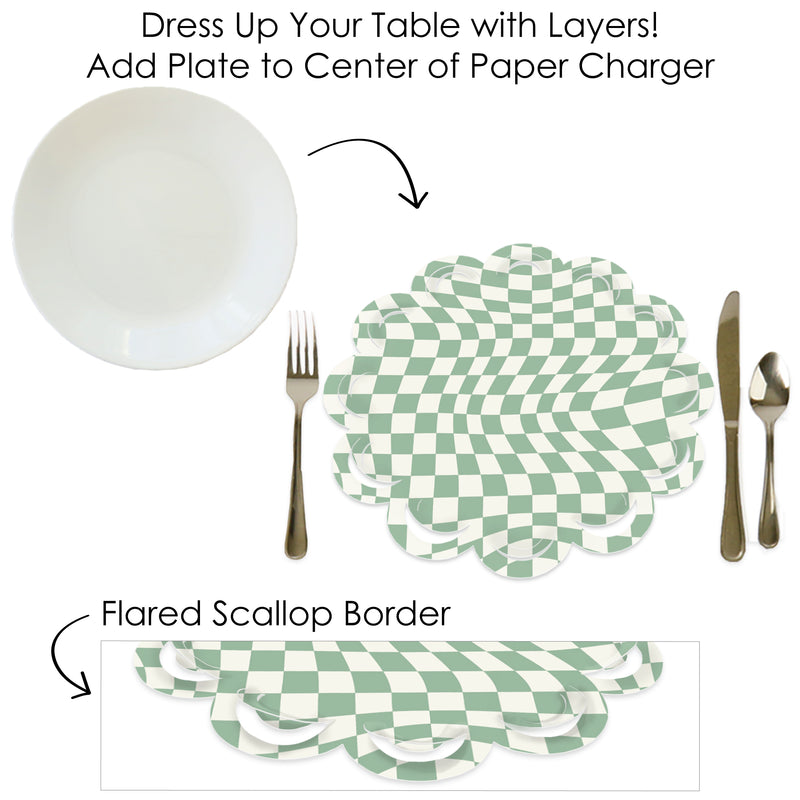 Sage Green Checkered Party - Round Table Decorations - Paper Chargers - Place Setting For 12