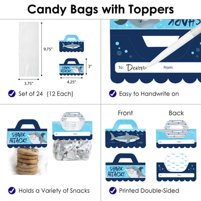 Shark Zone - DIY Jawsome Shark Party or Birthday Party Clear Goodie Favor Bag Labels - Candy Bags with Toppers - Set of 24