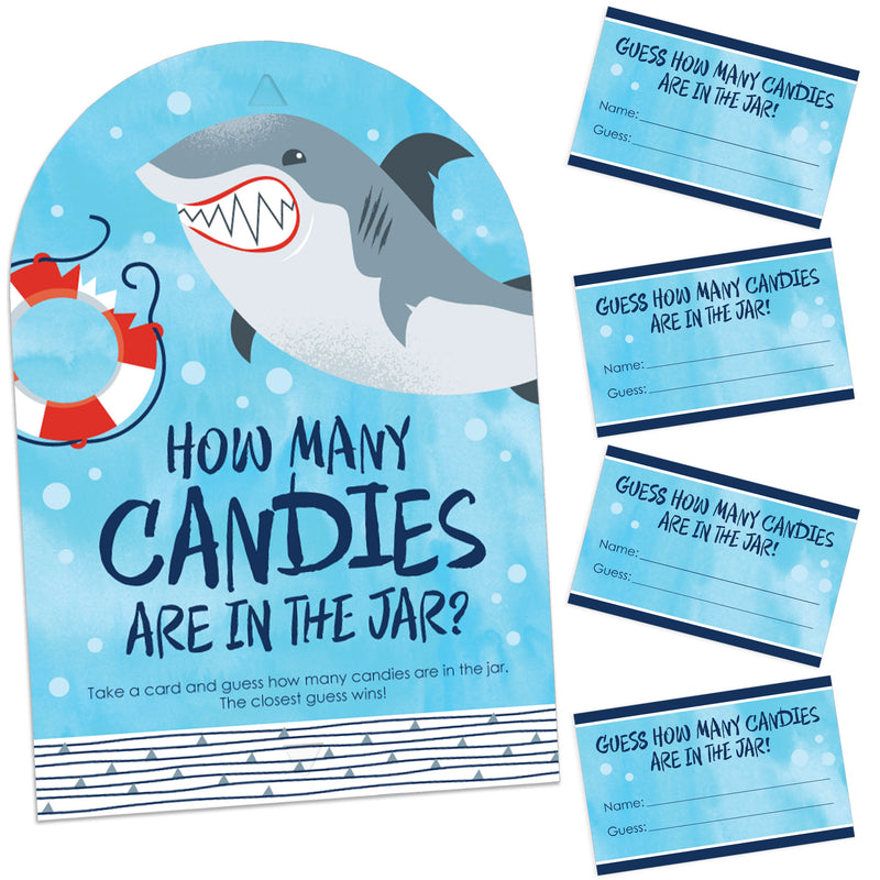 Shark Zone - How Many Candies Jawsome Shark Party or Birthday Party Game - 1 Stand and 40 Cards - Candy Guessing Game