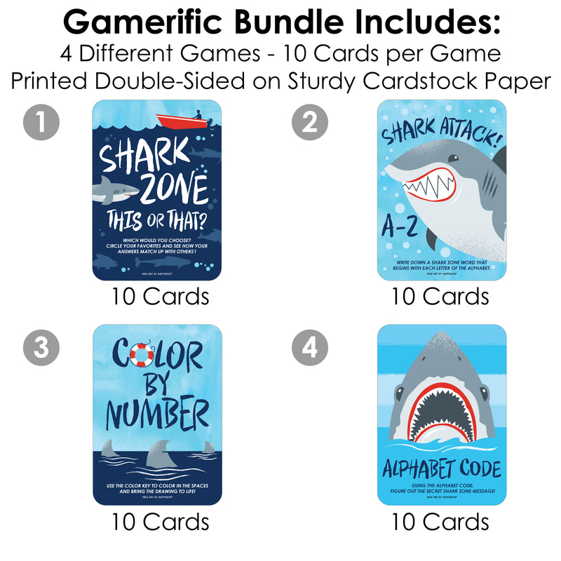 Shark Zone - 4 Jawsome Shark Party or Birthday Party Games - 10 Cards Each - Gamerific Bundle