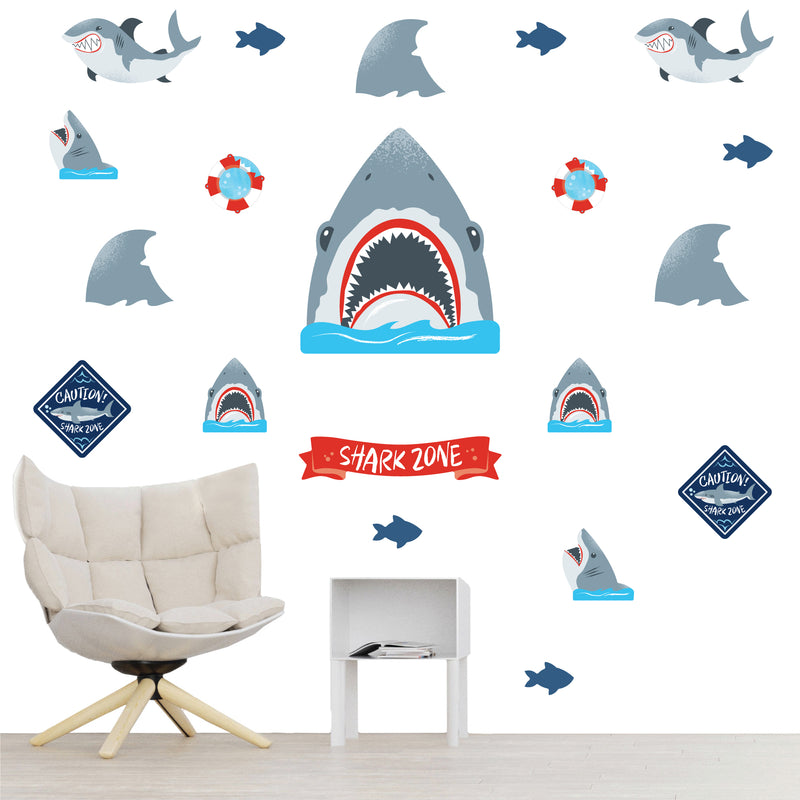 Shark Zone - Peel and Stick Kids Room Vinyl Wall Art Stickers - Wall Decals - Set of 20