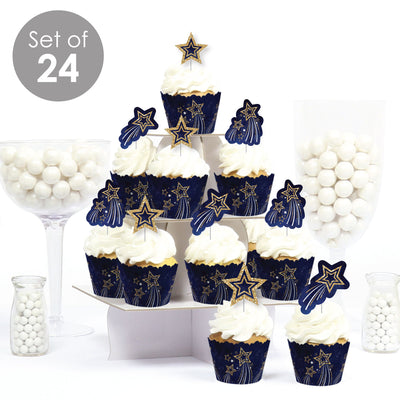 Starry Skies - Cupcake Decoration - Gold Celestial Party Cupcake Wrappers and Treat Picks Kit - Set of 24