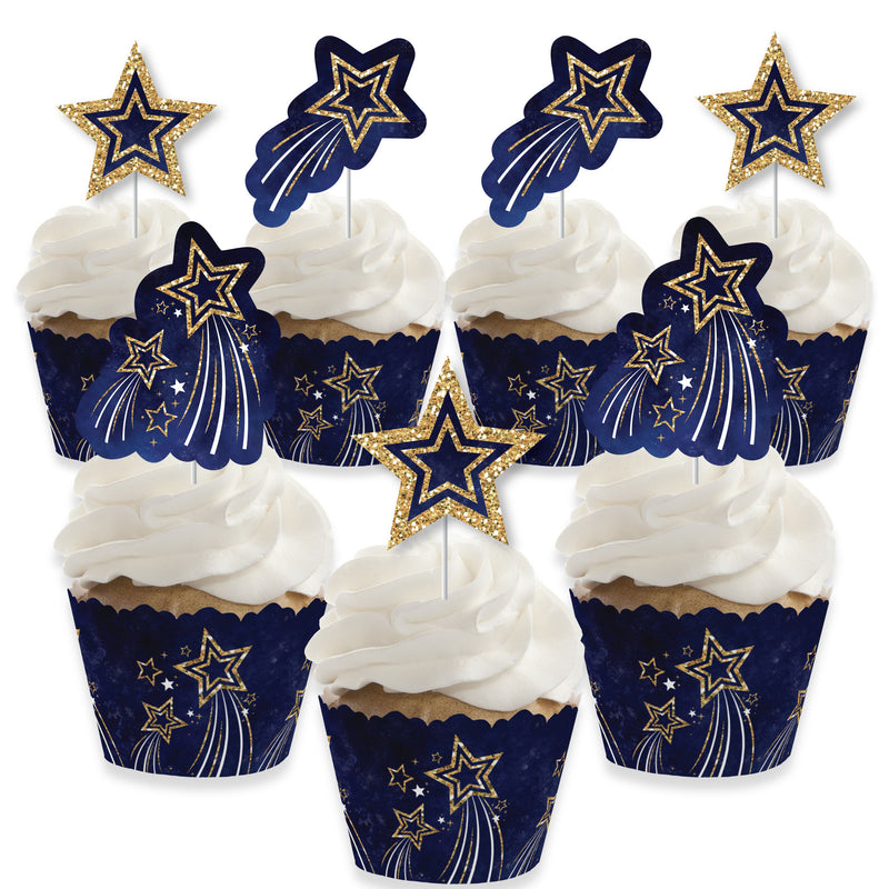 Starry Skies - Cupcake Decoration - Gold Celestial Party Cupcake Wrappers and Treat Picks Kit - Set of 24