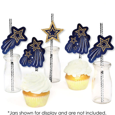 Starry Skies - Paper Straw Decor - Gold Celestial Party Striped Decorative Straws - Set of 24