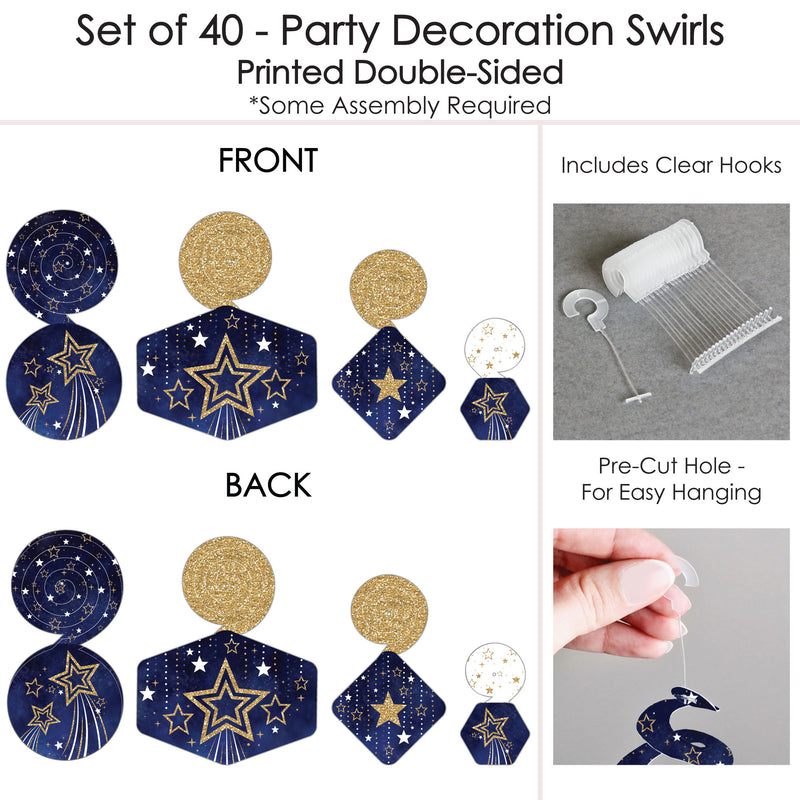 Starry Skies - Gold Celestial Party Hanging Decor - Party Decoration Swirls - Set of 40