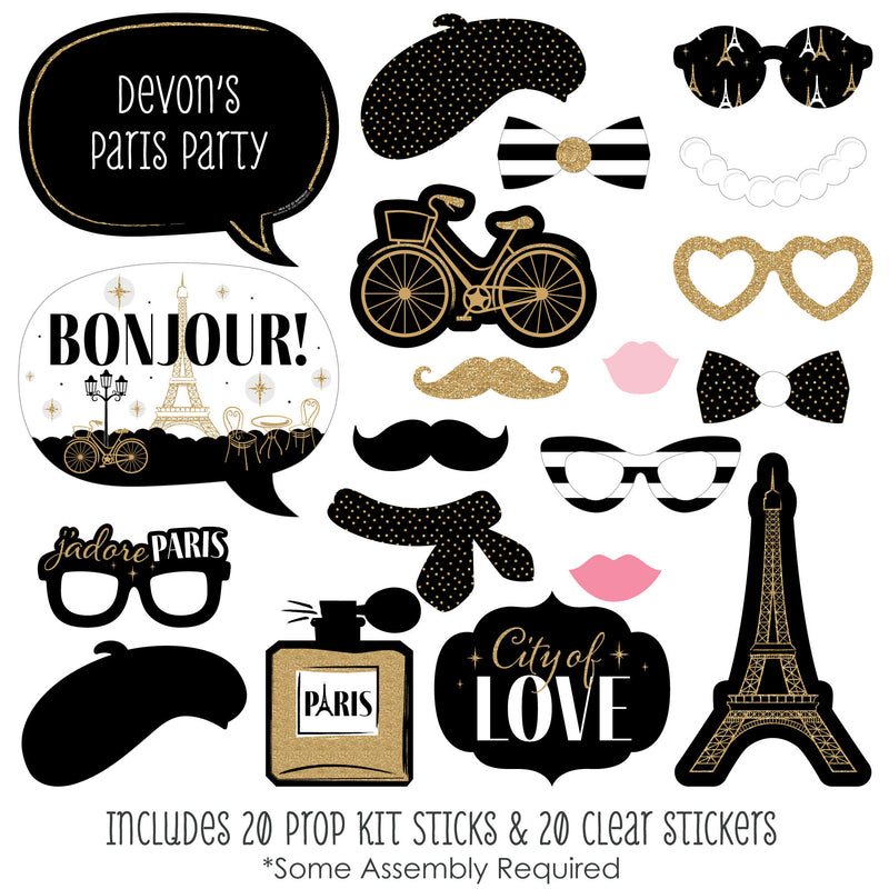 Stars Over Paris - Personalized Parisian Themed Party Photo Booth Props Kit - 20 Count