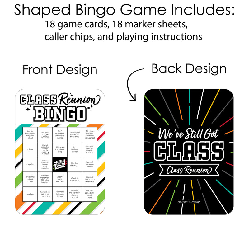 Still Got Class - Find the Guest Bingo Cards and Markers - High School Reunion Party Shaped Bingo Game - Set of 18