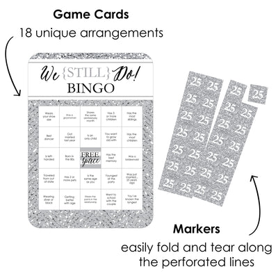 We Still Do - 25th Wedding Anniversary - Find the Guest Bingo Cards and Markers - Anniversary Party Bingo Game - Set of 18