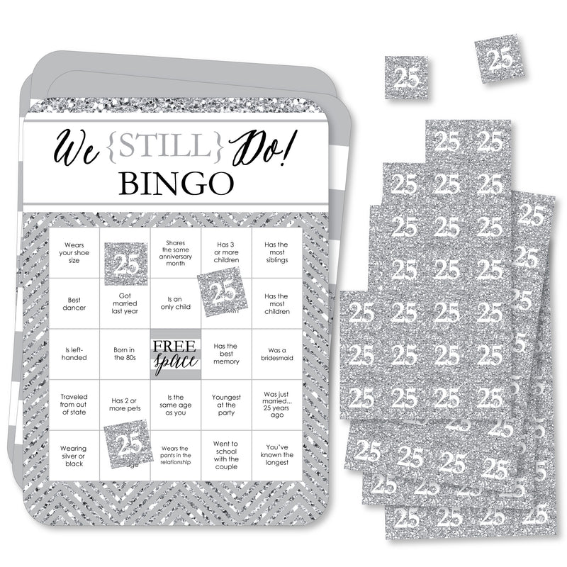 We Still Do - 25th Wedding Anniversary - Find the Guest Bingo Cards and Markers - Anniversary Party Bingo Game - Set of 18