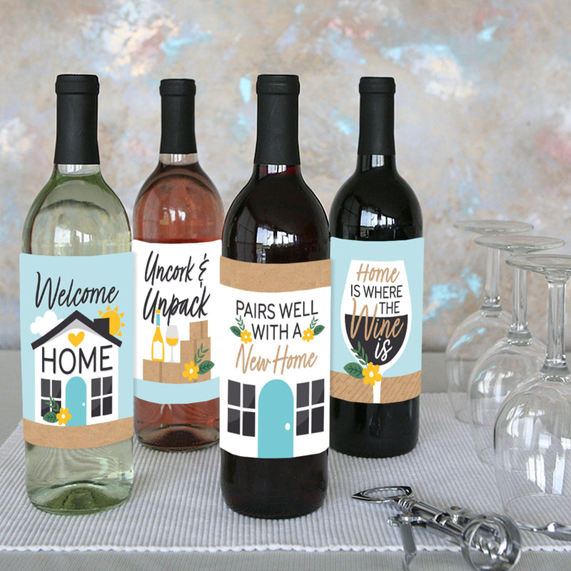 Welcome Home Housewarming - New Sweet Home Decorations for Women and Men - Wine Bottle Label Stickers - Set of 4