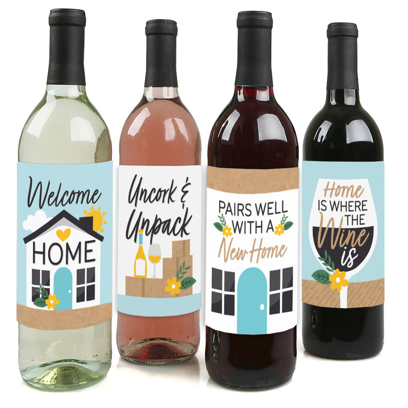 Welcome Home Housewarming - New Sweet Home Decorations for Women and Men - Wine Bottle Label Stickers - Set of 4