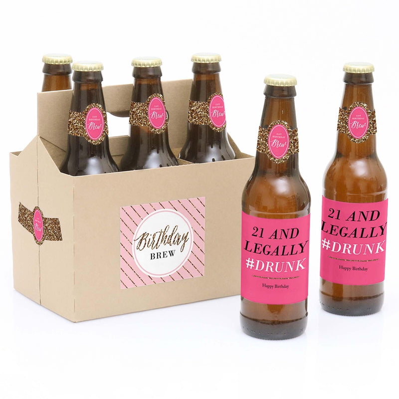 Finally 21 - Girl - Decorations for Women and Men - 6 Beer Bottle Labels and 1 Carrier - Birthday Gift