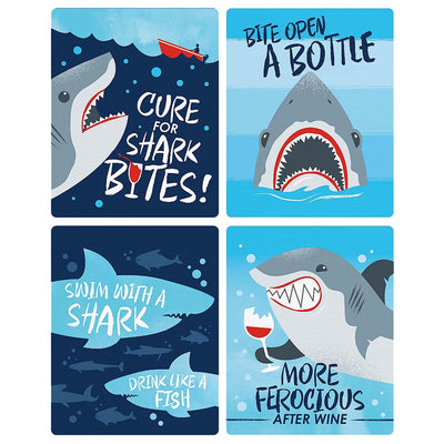 Shark Zone - Jawsome Shark Party Decorations for Women and Men - Wine Bottle Label Stickers - Set of 4