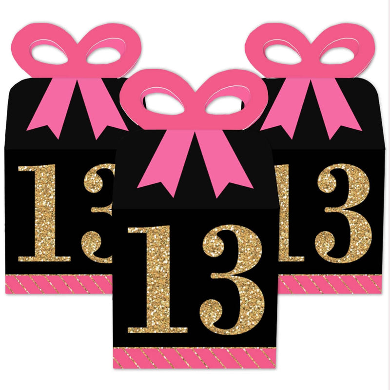 Chic 13th Birthday - Pink, Black and Gold - Square Favor Gift Boxes - Birthday Party Bow Boxes - Set of 12