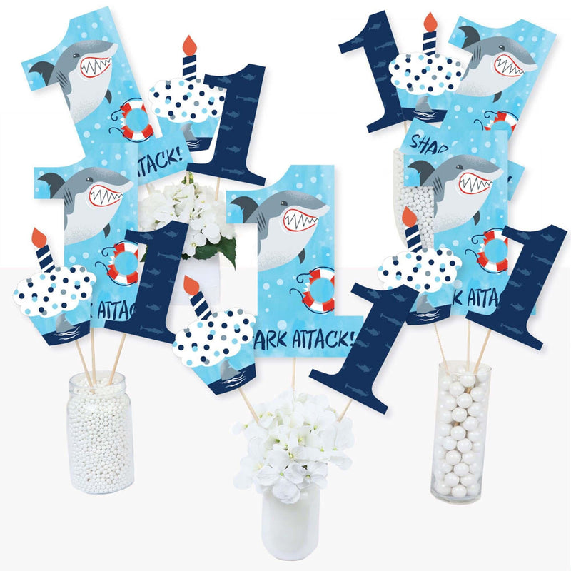 1st Birthday Shark Zone - Jawsome Shark First Birthday Party Centerpiece Sticks - Table Toppers - Set of 15