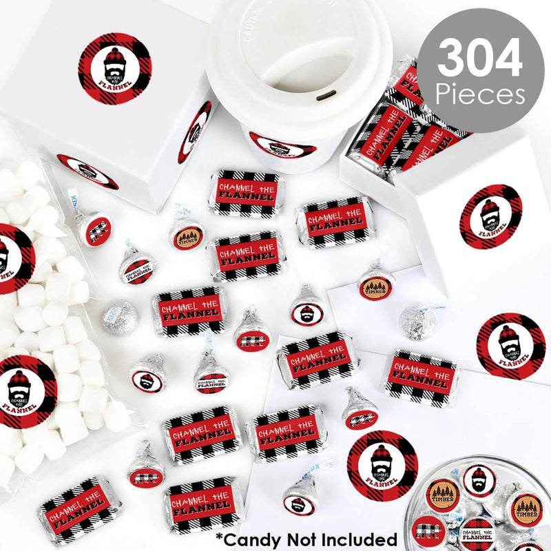 Lumberjack - Channel The Flannel - Mini Candy Bar Wrappers, Round Candy Stickers and Circle Stickers - Buffalo Plaid Party Candy Favor Sticker Kit - 304 Pieces