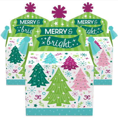 Merry and Bright Trees - Treat Box Party Favors - Colorful Whimsical Christmas Party Goodie Gable Boxes - Set of 12